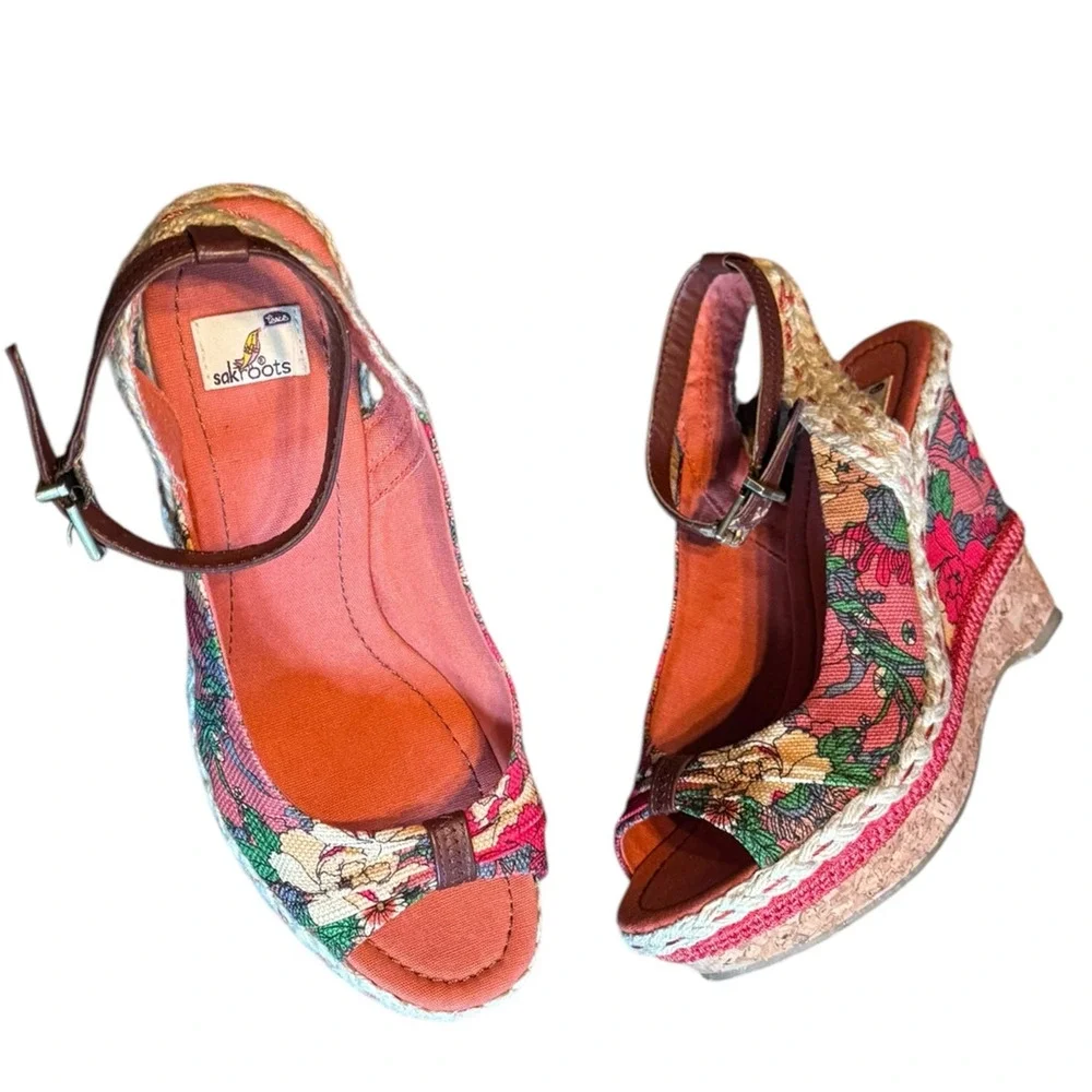 Sakroot wedge shoe floral textile 9.5 open toe ankle strap unique - Picture 3 of 9